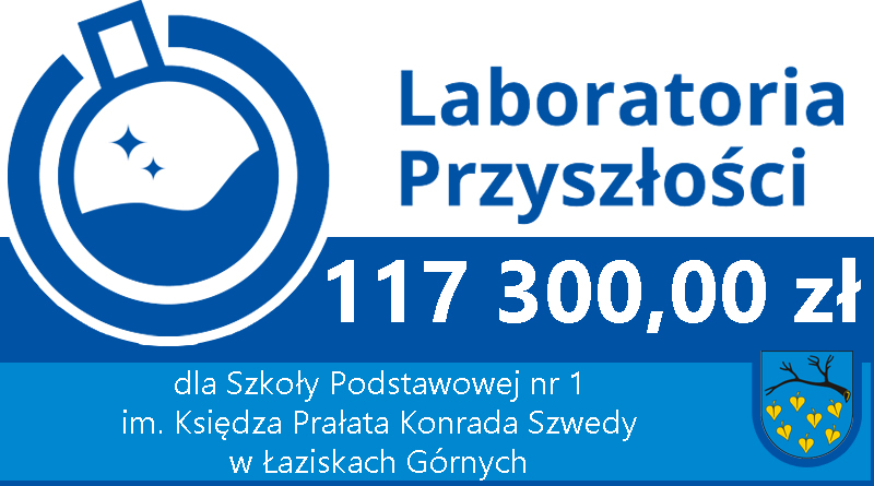 Informacja o kwocie 117 300 zł otrzymanej przez szkołę w ramach programu Laboratoria przyszłości